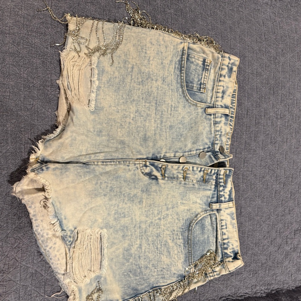 Savanna Jane Light Wash Distressed Jean Shorts with Silver Fringe